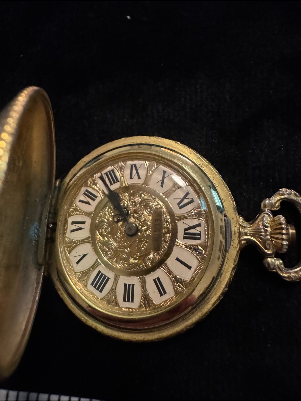 Vintage Elgin
Gold-Tone Pocket Watch Accent with Roman Dial -